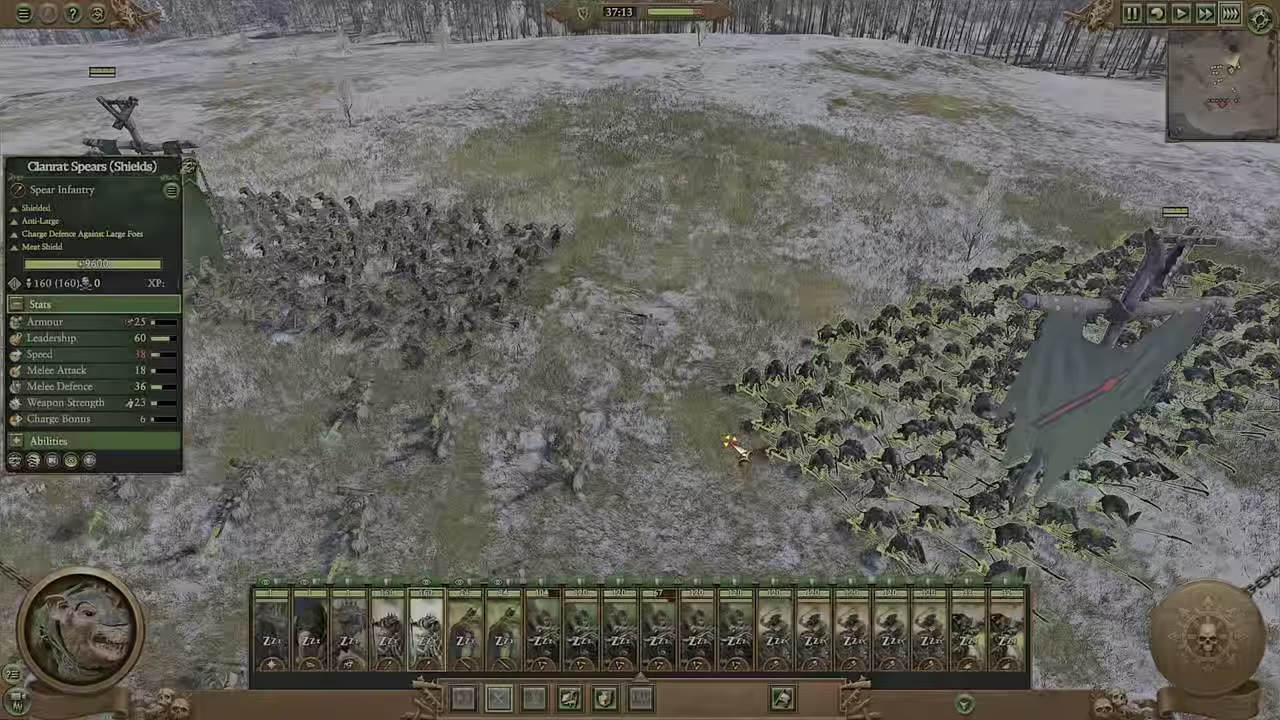 Clan Rat Spears with Shields unit card in Total War Warhammer III, showing armor 25, shielded, anti-large, charge defense against large foes, melee defense 36, leadership 60, speed 36, weapon strength 23, and charge bonus 6.