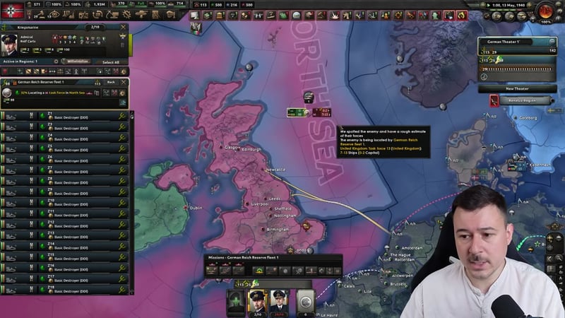 German destroyer fleet (Basic Destroyer DDI hulls Z1 through Z18) in the North Sea, with a contact report showing a UK task force of 7 to 13 ships spotted nearby.