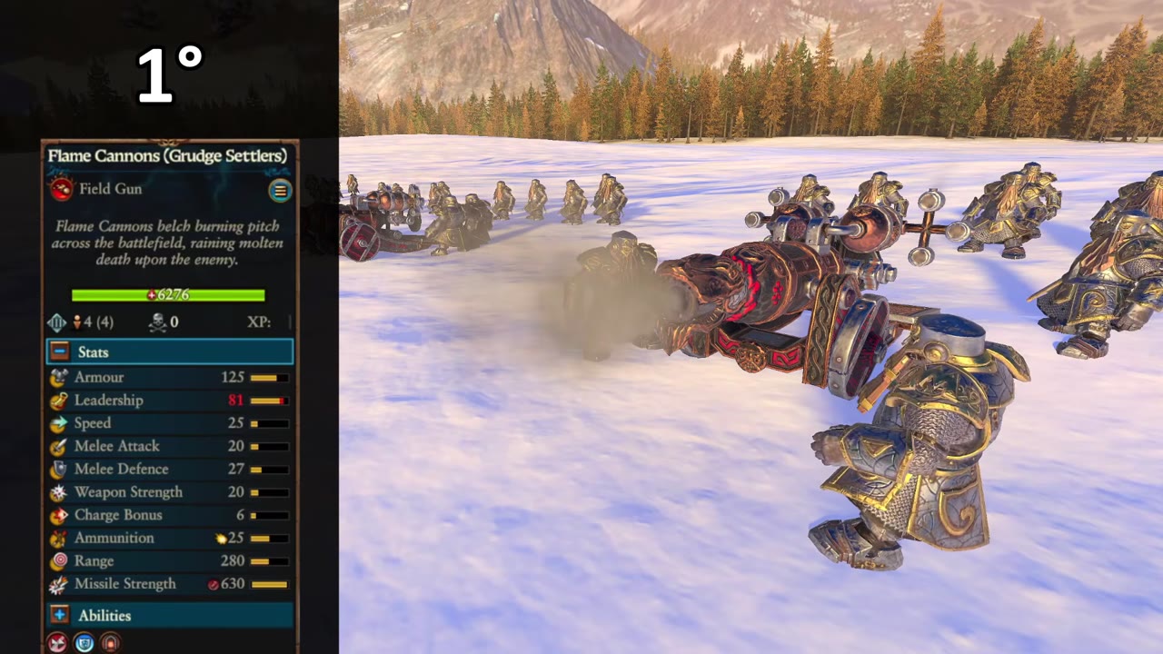 Dwarf Grudge Settler Flame Cannons firing on a snowy battlefield, with full unit stats panel visible, armor 125, leadership 81, range 280, missile strength 630.