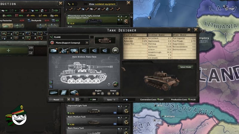 Tank designer screen with a medium flame tank selected, showing flame module and combat-focused modules including radio, stabilizer, armor skirt, and dozer blade, along with tank stats and role as flame support company.