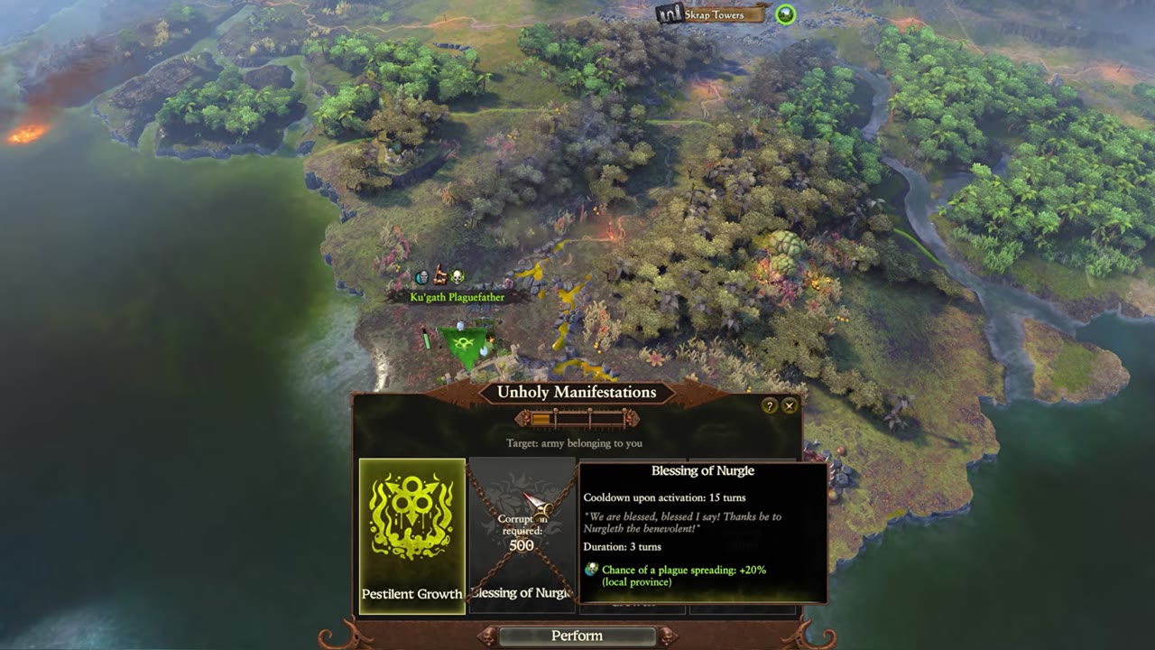 Unholy Manifestations panel open in the campaign UI, showing Pestilent Growth and Blessing of Nurgle effects including a +20% chance of plague spreading in the local province.