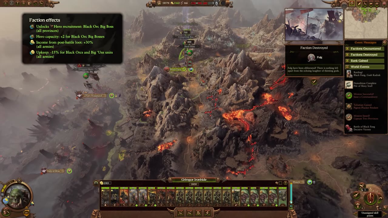 Grimgor Ironhide campaign map with a faction effects panel showing Black Orc Big Boss hero recruitment in all provinces, +2 Black Orc Big Boss hero capacity, +30% income from post-battle loot, and -15% upkeep for Black Orc and Big 'Uns units in all armies.