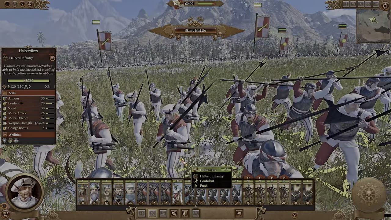 Halberdiers unit stats panel visible, showing 30 armour, 70 leadership, 30 speed, 32 melee attack, 42 melee defence, 28 weapon strength, and 8 charge bonus, with halberd infantry formed on a grassy battlefield.