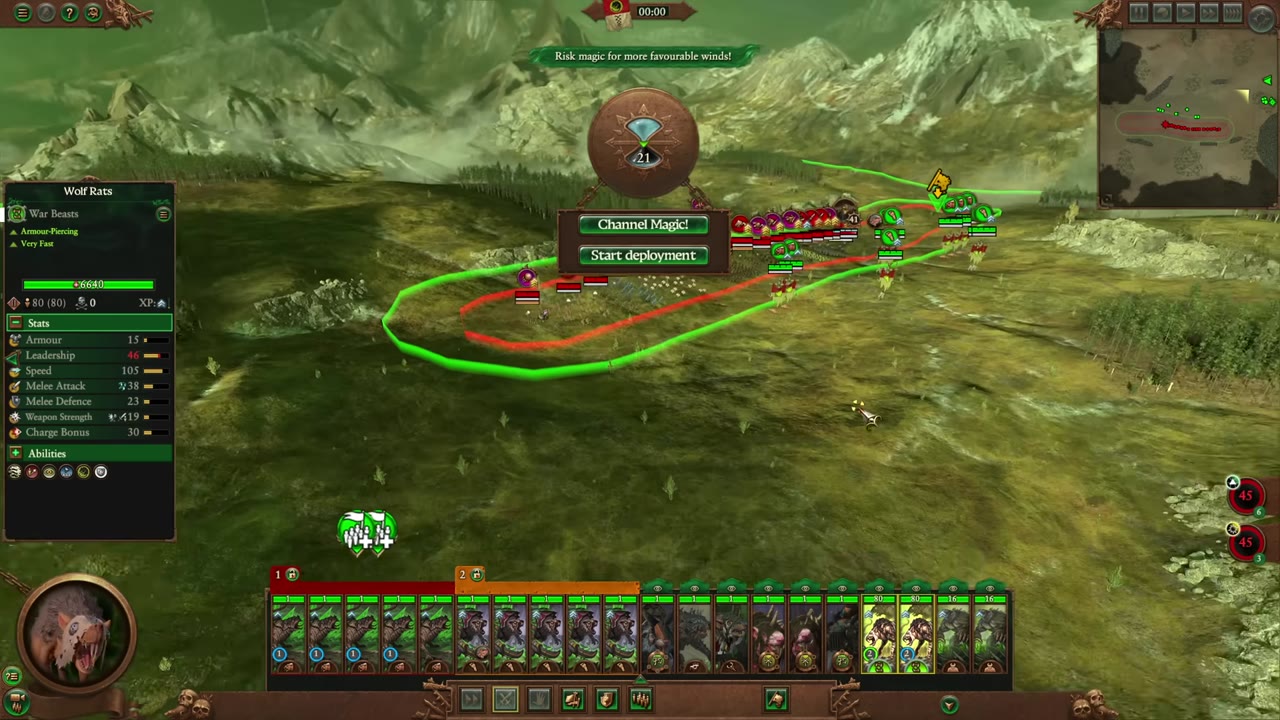 Battle deployment screen with Skaven units placed near the edge of a forest and beside hills, reinforcement timers visible, and a Wolf Rats stats panel open.