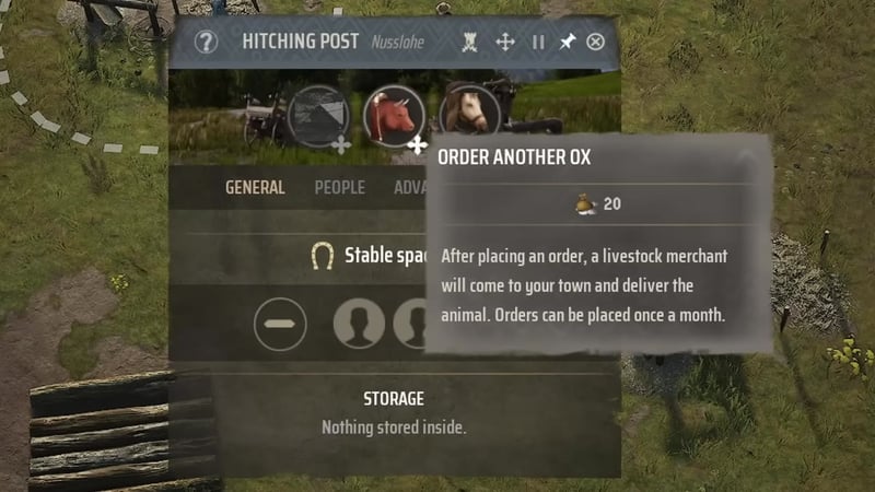 The hitching post menu explains how to add oxen, their costs, and monthly ordering restriction to prevent transport bottlenecks.