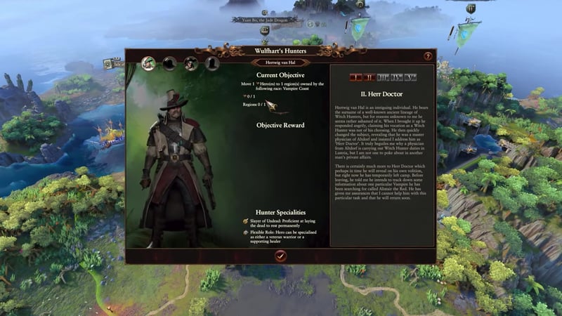 Wulfhart's Hunters quest screen for Herwig van Hal, displaying the current objective, reward for completion, hunter specialties, and narrative description.