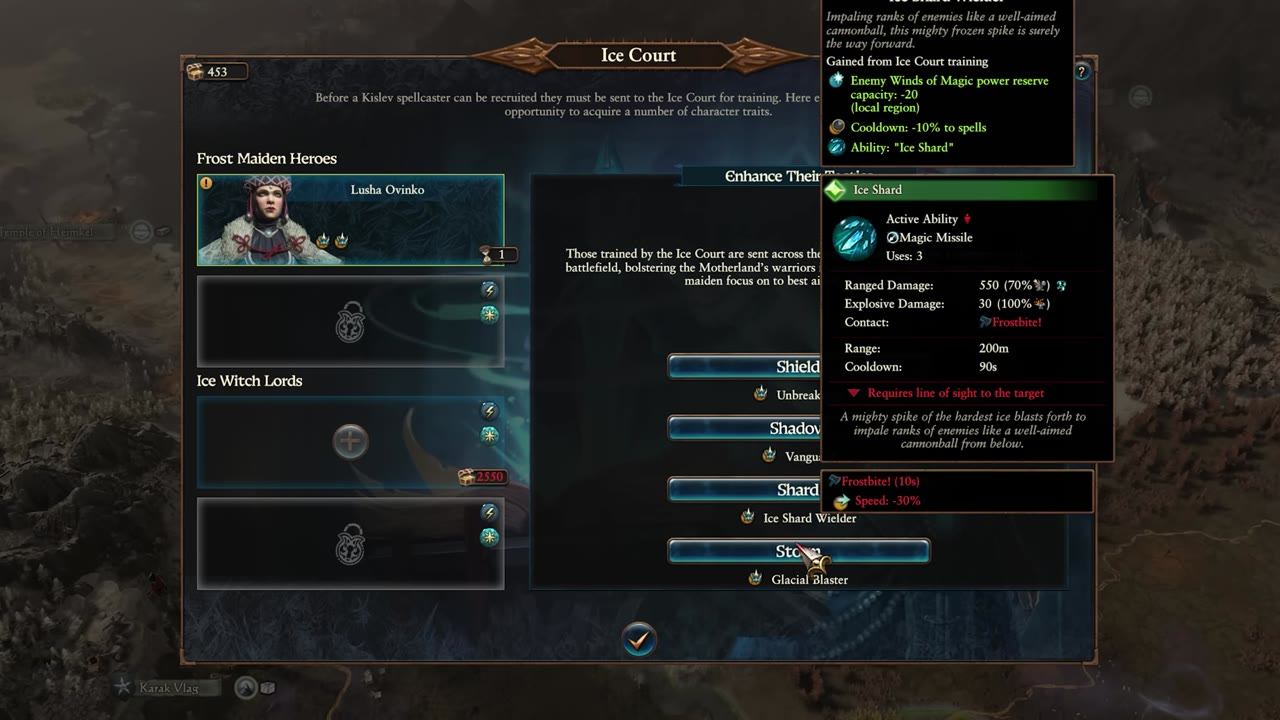 Ice Court training screen showing Frost Maiden hero Lusha Ovinko in training. Four options are visible for enhancing traits each turn: Shield, Shadow, Shard, and Storm. The Ice Witch Lords section shows a training slot costing 2550.