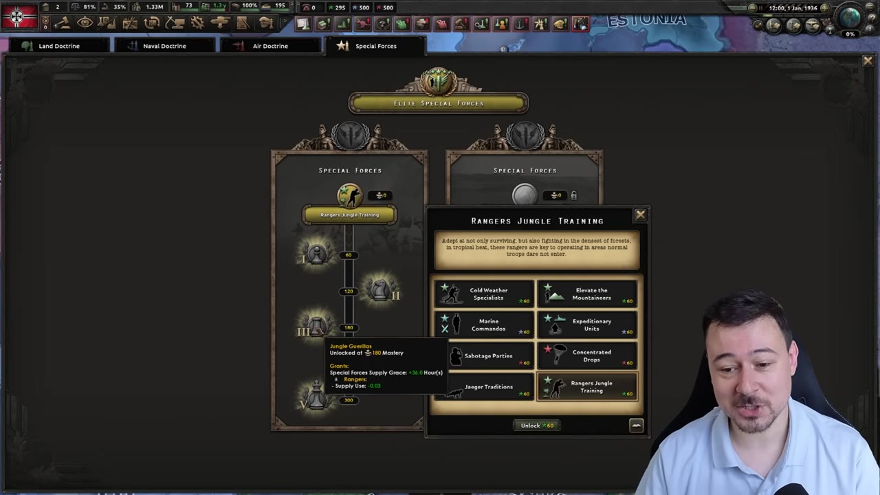 The Rangers Jungle Training perk tree with a tooltip open on 'Jungle Guerillas', unlocked at 180 Mastery, granting Special Forces Supply Grace +36 hours and Rangers Supply Use -0.03