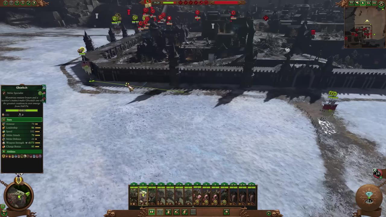 Siege battle screen showing Kislev under attack, with one Skaven force at the lower left and another at the lower right gate, unit details visible for Ghoritch.