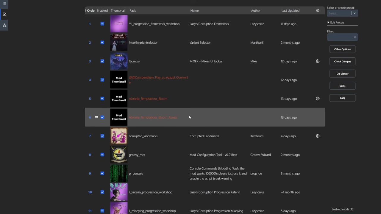 Mod manager screen showing a list of mods with order numbers, drag handles, enabled checkboxes, mod names, authors, and last updated dates.
