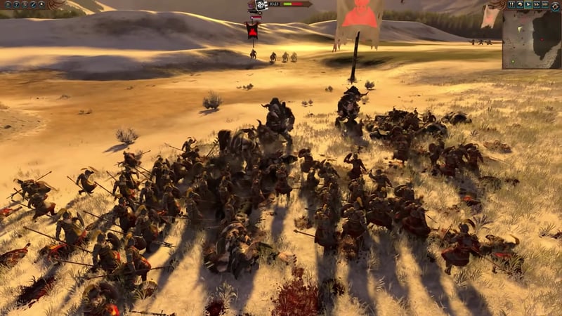 Dragonback Slayers engaged in combat with Butchers of Kalkengard minotaurs in a desert environment, with visible unit icons and battle progress bar.