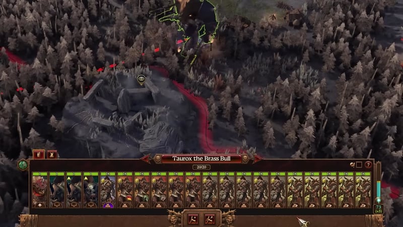 Army screen for Taurox the Brass Bull with 20 minotaur units, all fully ranked. The army bar is entirely filled with minotaur variants.