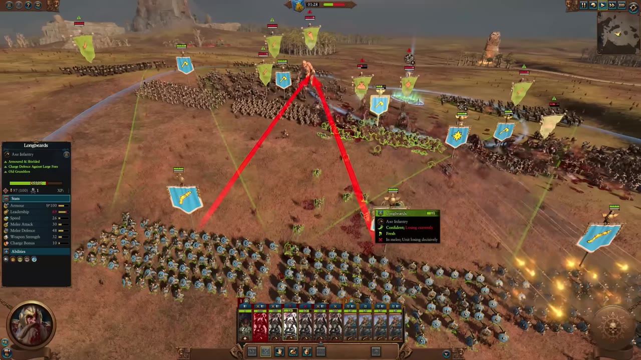 Battle scene showing a large monster engaged with a defensive front line of Longbeards (anti-large infantry), with ranged units firing from behind.