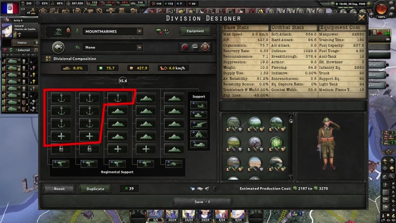 Division designer named "MOUNTMARINES" with anchor-icon battalions filling the left columns and mountain-icon battalions filling the right columns of the composition grid, plus regimental support and five support-company slots filled. Soft attack 534.0, Defense 1029.9.