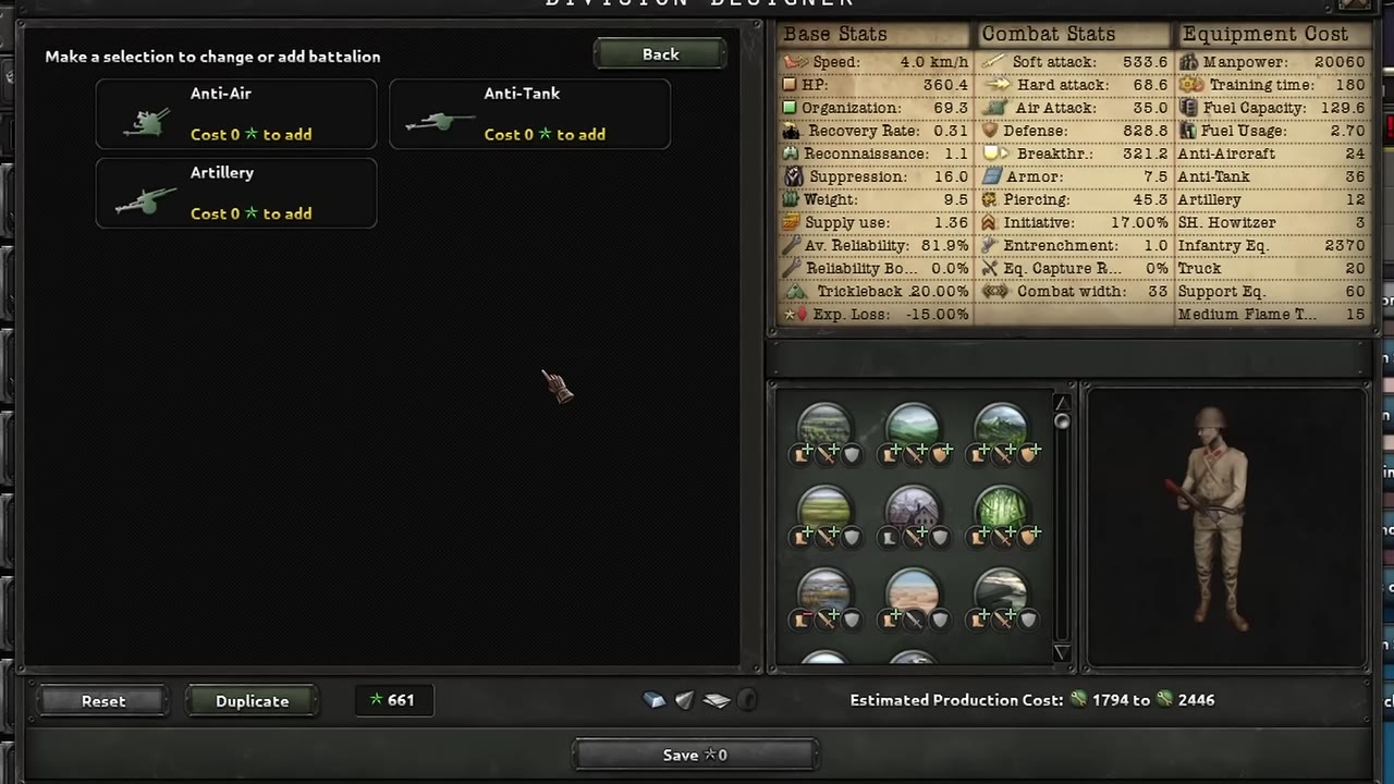 Division Designer in Hearts of Iron IV showing a mountaineer template with one line anti-tank, 33 combat width, and key stats like soft attack 533.6, hard attack 68.6, armor 5, and piercing 45.3.