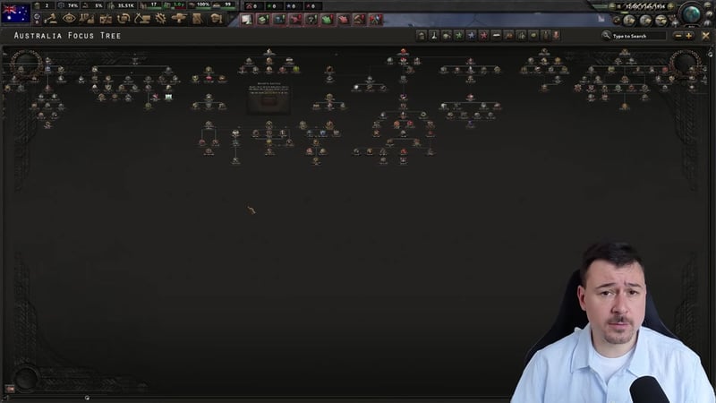 Australia's Focus Tree screen, showing the full branching structure of its many foci, with a webcam overlay in the bottom-right corner.