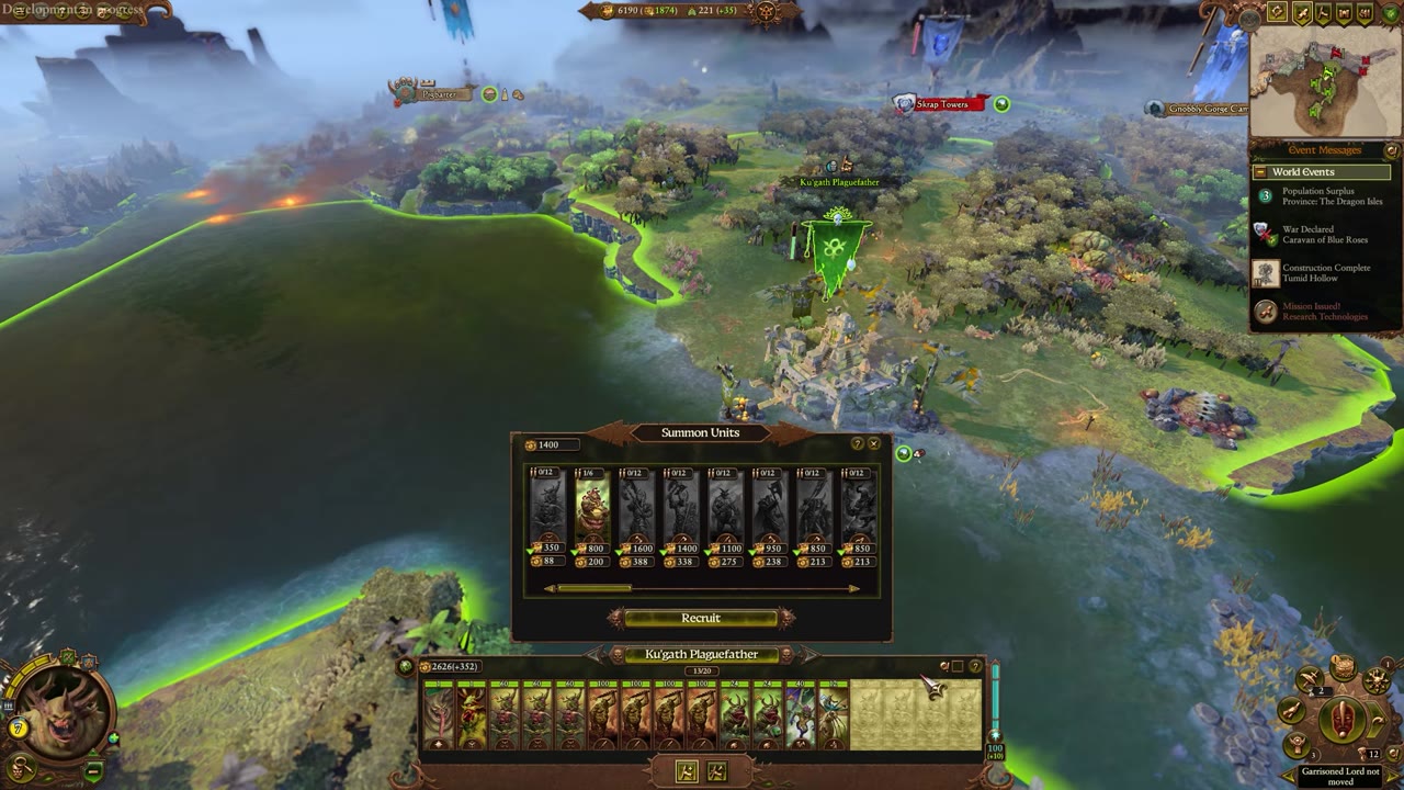 Recruitment pool interface for Nurgle with units available to recruit, showing unit icons, costs, and HP bars, plus a recruit button.