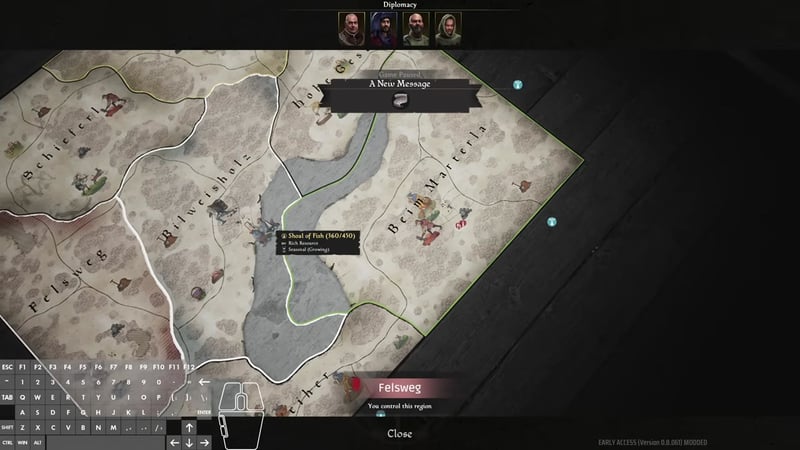 Map view with a region outlined in green and a resource tooltip visible; the overlay message and the bottom text indicate the player controls this region.