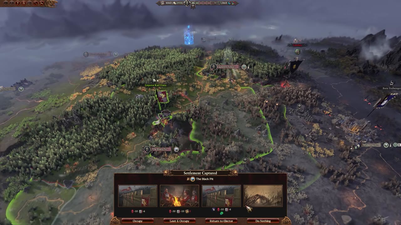 Settlement action menu after capturing The Black Pit, showing options to Occupy, Loot & Occupy, Return to Elector, or Do Nothing, with corresponding values for money and effects.
