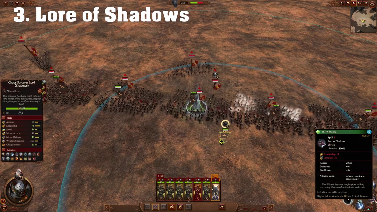 Battle scene with '3. Lore of Shadows' label, Chaos Sorcerer Lord (Shadows) stats on the left, and 'The Withering' spell tooltip for Lore of Shadows shown on the right.
