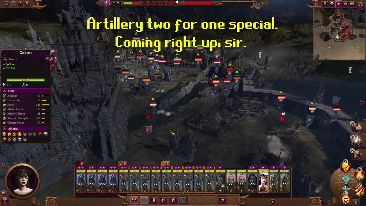 The Sorceress hero panel is shown, illustrating her magic abilities and high mobility for army selection guidance.