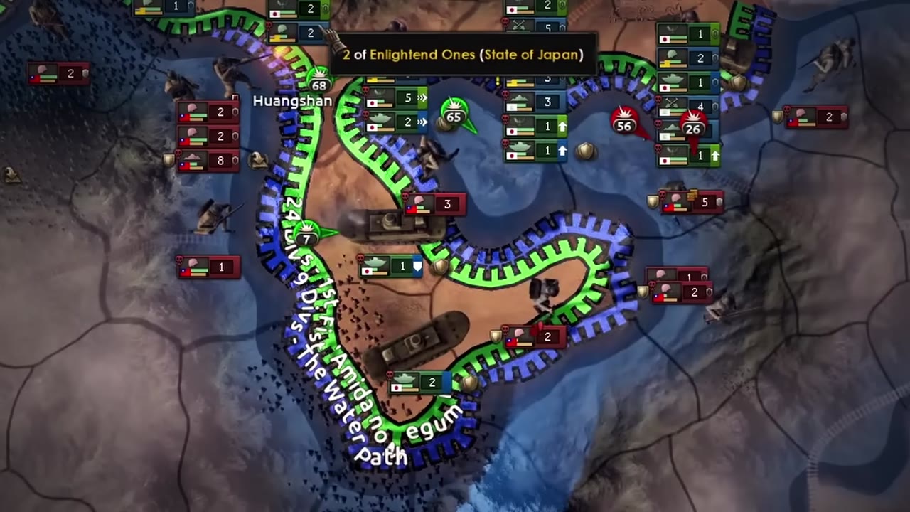 Map view centered on Wuhan showing contested frontlines, various divisions in combat, and the supply hub marked, surrounded by Japanese and Chinese units.