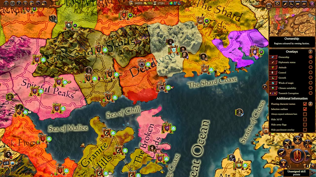 Campaign map with regions colored by faction ownership, overlays panel open on the right showing territory and diplomatic options.
