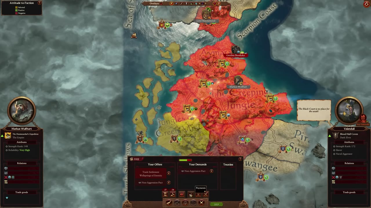 Diplomacy screen showing Markus Wulfhart trading the settlement 'Wellsprings of Eternity' and proposing a non-aggression pact to the faction 'Valandul'. Transaction details and both sides' relations are visible.