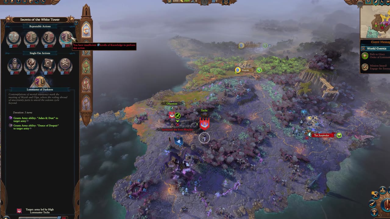 Secrets of the White Tower interface is open, showing repeatable and single-use actions, their Scrolls of Knowledge costs, and a tooltip about insufficient Scrolls; campaign map with Teclis, Obaramon, and mission details is visible in the background.