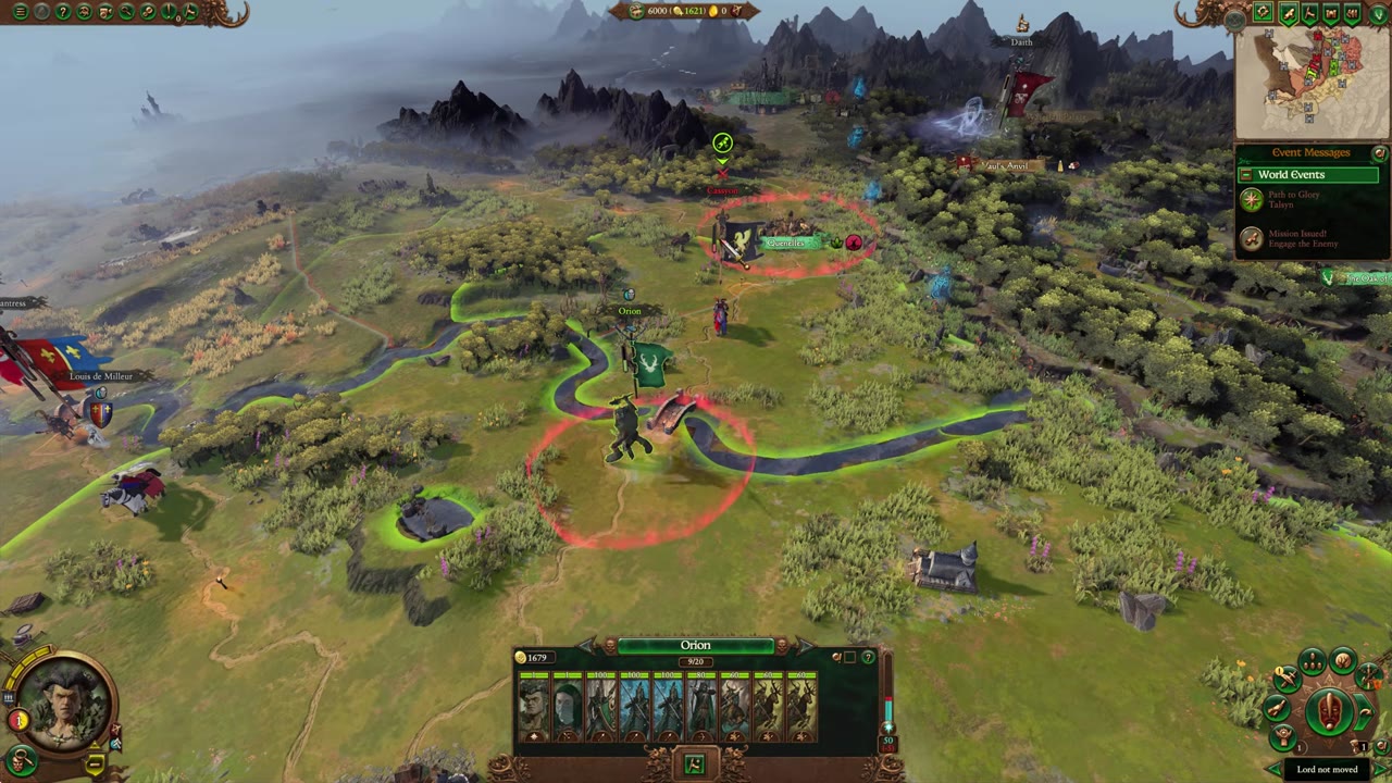 Wood Elves campaign map with Orion's army selected, showing magical forests and surrounding terrain, 1679 gold, 9/20 unit stack, and event messages on the right.