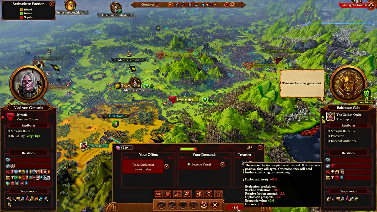 Diplomacy screen in Total War: Warhammer with Vlad von Carstein negotiating with Balthasar Gelt, showing Vlad's strength rank 1, Gelt's strength rank 37, and the vassalization evaluation breakdown including relative faction strength.