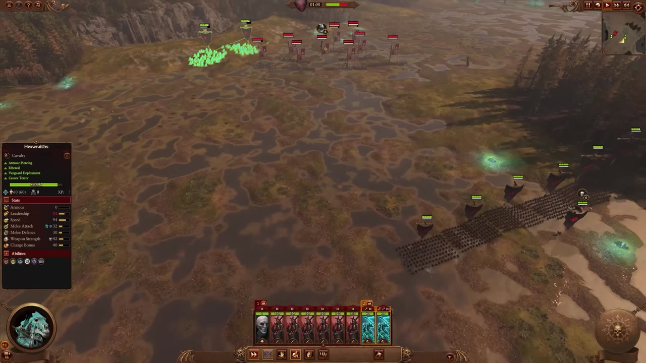 Battle screen with enemy artillery units on the rear line and friendly cavalry deployed on the flank, preparing to circle and engage the artillery.