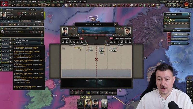 The Battle of North Sea screen: Erich Raeder's German heavy cruisers -- Admiral Hipper, Blücher, Seydlitz, Lützow, Roon, Vineta, Freya, Herta, Prinz Eugen -- fighting James Fownes Somerville's Royal Navy, with Herta logged taking 19 damage from heavy guns.