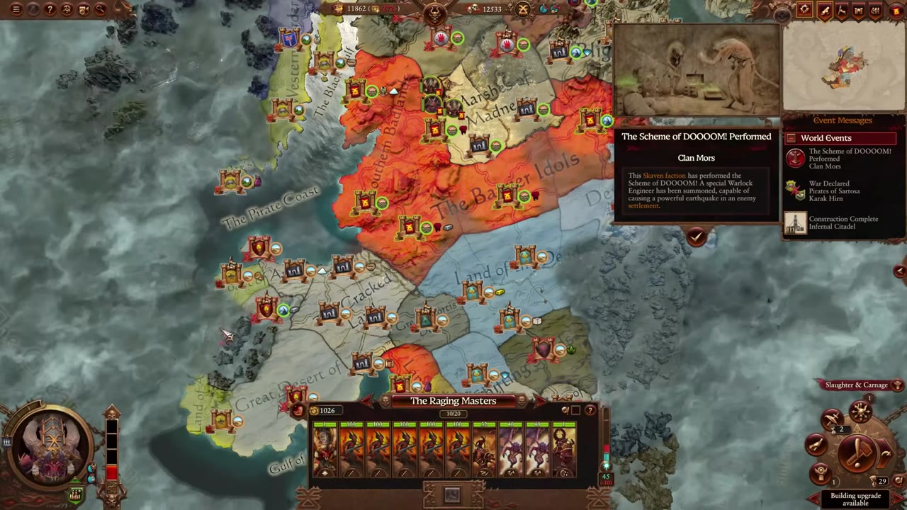 Campaign map with 'The Raging Masters' blood host army panel open at the bottom, showing unit types including strong units like Bloodthirsters and Bloodcrushers.