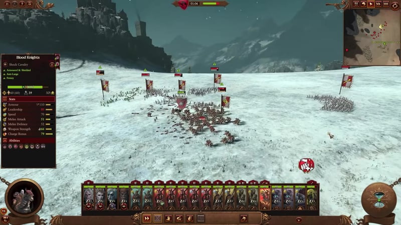 Blood Knights unit card selected on the left, showing 110 armor, 79 charge bonus, anti-large traits, regeneration, and abilities in Warhammer Total War.
