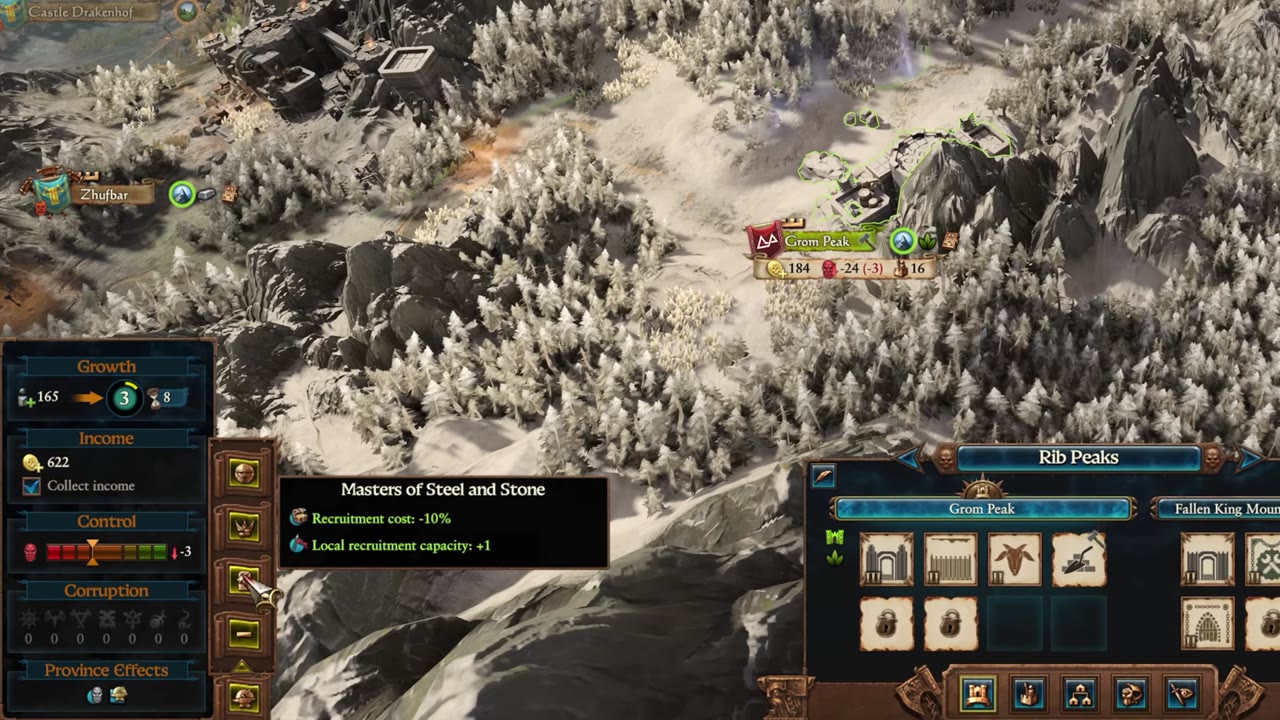 Province commandments panel for the Rib Peaks region in Total War: Warhammer, with 'Masters of Steel and Stone' highlighted showing recruitment cost -10% and local recruitment capacity +1. Growth, income, control, and corruption stats are also visible.