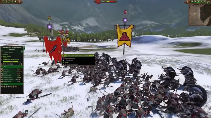 Council Guard (Stormvermin - Halberds) are fighting Butchers of Kalkengard in snow, with their unit card and stats visible on the left showing 155 models, unbreakable, fresh, in melee combat.