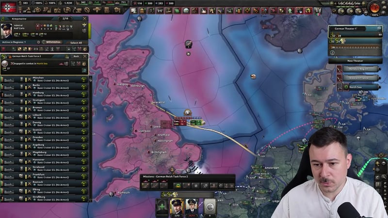 A roster of Basic Cruiser (CL, No Armor) ships -- München, Berlin, Hamburg and over a dozen more -- marked 'Engaged in combat in North Sea' near London.
