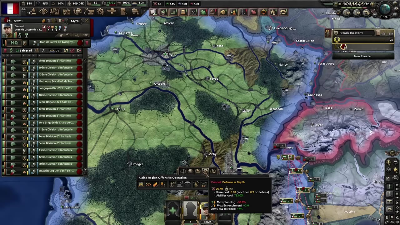 Tooltip for the Defense in Depth ability, listing Max Entrenchment +3.0, Max planning -50.0% and Army HQ distance +4%.