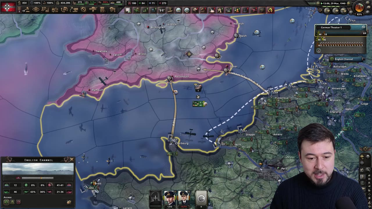 Dominance in the English Channel reaches 52% in one day, showing how air power quickly secures the area for invasion.