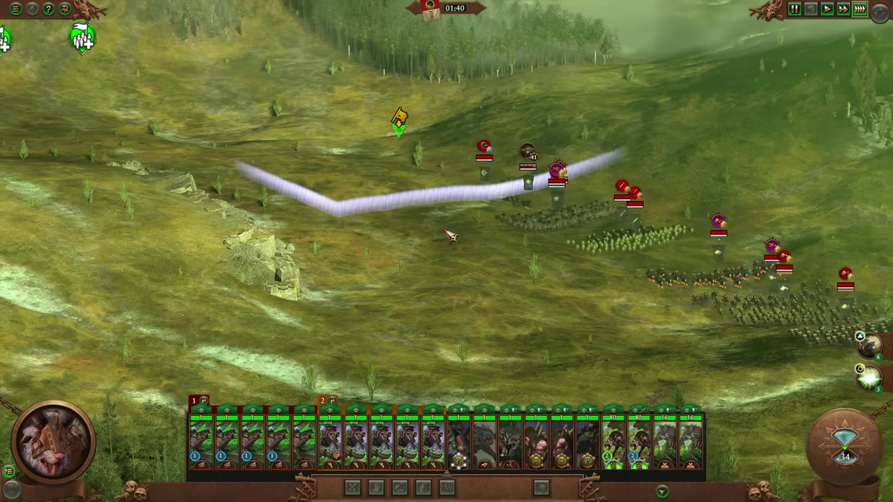 Battlefield view with several enemy units marked by red icons, most moving away from the front lines as indicated by white arrows, while the player's army is positioned at the bottom.
