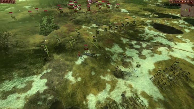 Army formation screen in Total War: Warhammer with multiple units in line, some positioned on the flanks, showing banners and movement indicators.
