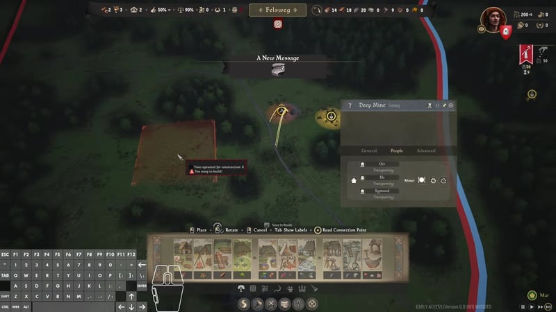 In-game build menu with fishing pond placement grid active, showing message 'Trees uprooted for construction: 8. Too steep to build!' and building selection bar at the bottom.