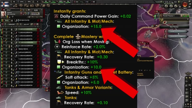 Tooltip with doctrine bonuses including organization, recovery rate, breakthrough, soft attack, speed, and reinforce rate, alongside army list and campaign map.