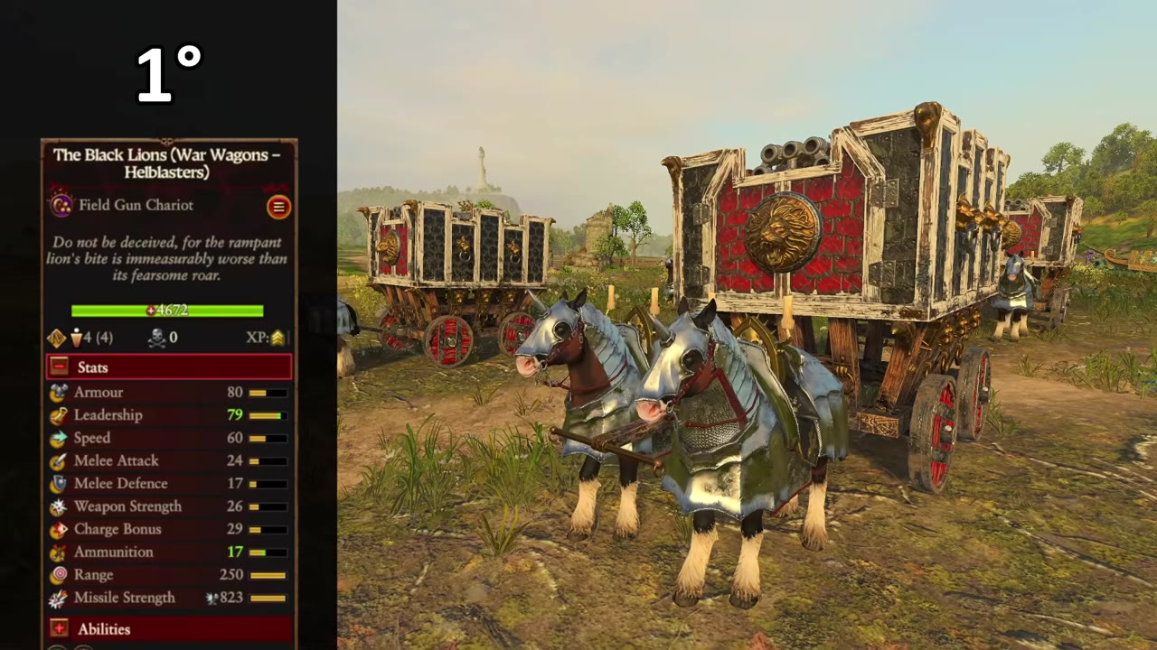 Black Lions War Wagons with Hellblasters unit info: 4672 HP, 80 Armour, 79 Leadership, 60 Speed, 24 Melee Attack, 17 Melee Defence, 29 Weapon Strength, 17 Ammunition, 250 Range, 823 Missile Strength, field gun chariot with visible wagons and horses.