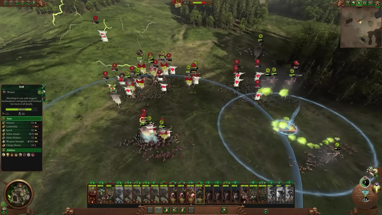 Battle screen showing several hero units in a tight melee clump among enemy infantry. Summons and magic effects are active, with missile units engaged and a wizard's stats visible on the left.