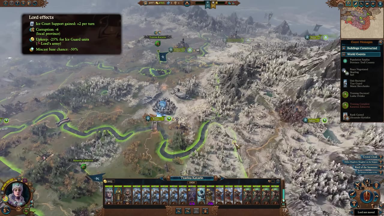 Katarin's campaign start with her army positioned near Kislev, showing settlements like Tsarina Katarin, Praag, and Kislev, plus Lord Effects for Ice Court Support, Corruption reduction, Ice Guard unit upkeep, and Miscast base chance.
