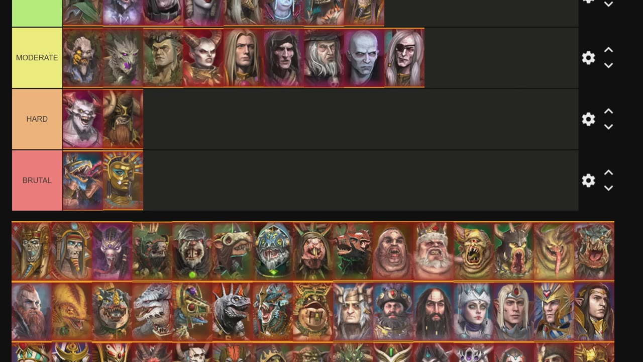 Tier list screen showing Khalida's portrait in the 'Brutal' tier, alongside two other lords. The tiers above are labeled Moderate and Hard, with different lord portraits in each.