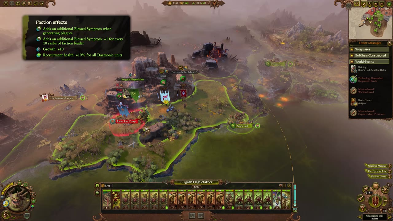 Kugath's campaign map with the Faction Effects panel visible, stating: Adds an additional Blessed Symptom when generating plagues; Adds another for every 10 ranks of faction leader; Growth: +10; Recruitment health: +10% for all Daemonic units.