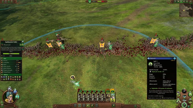Battlefield screen with a Spellweaver (Life) selected and the Regrowth spell tooltip expanded, showing Lore of Life healing details: heal per second, range, duration, affected units.
